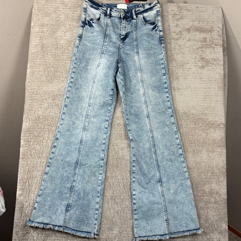 Wisteria Lane High Rise Wide Leg Acid Wash Seam Detail Jeans Blue Large W2472PIC